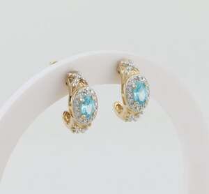 18k Gold Over Sterling Silver Blue CZ Earrings Half Hoops 5/8" x 1/4"